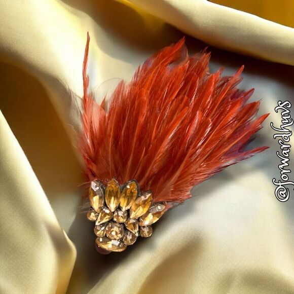 Handcrafted Burnt Orange Feathered Brooch / Hair Clip with Rhinestones - Picture 1 of 7